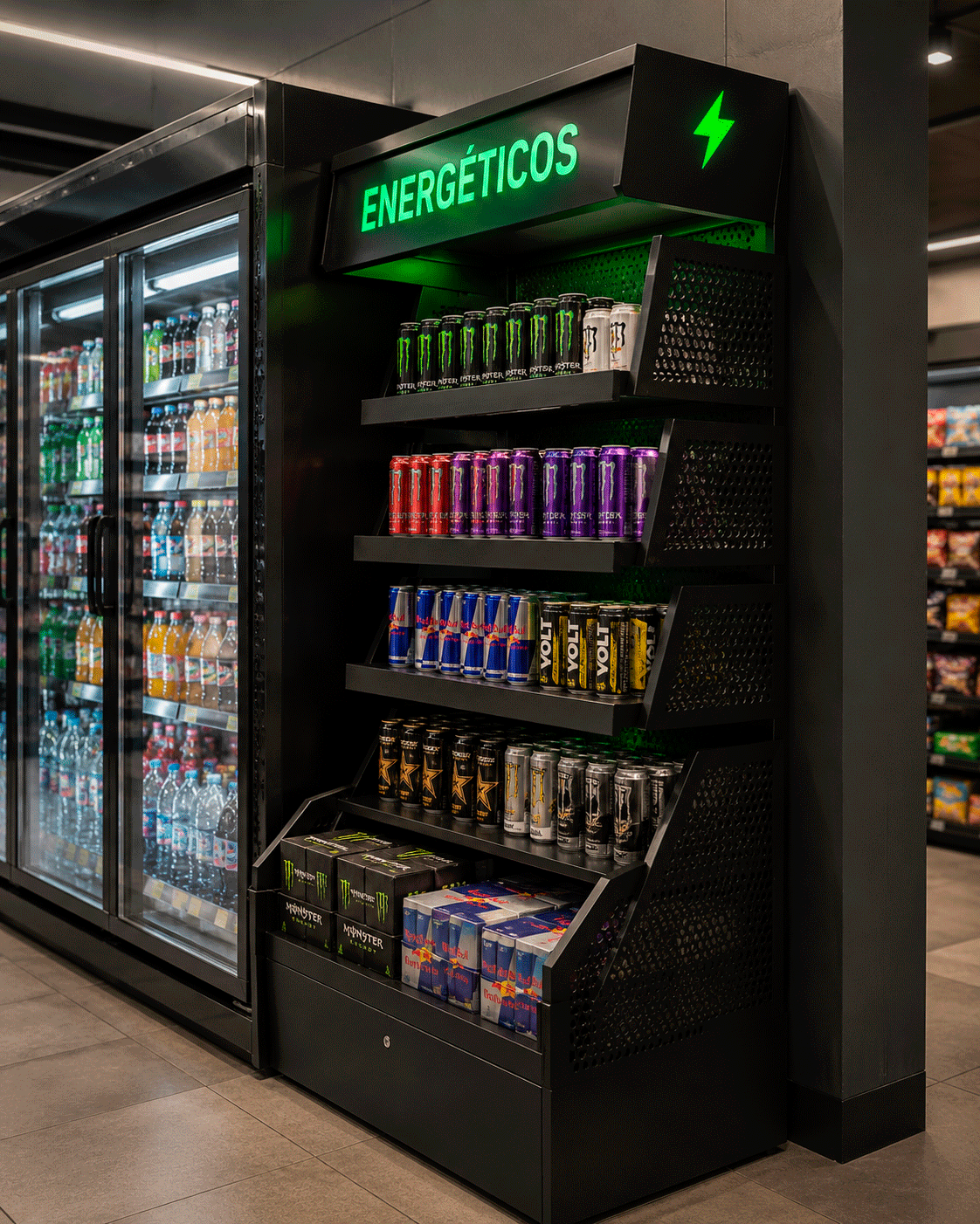 Expositor metálico personalizado premium com iluminação vazada em acrílico